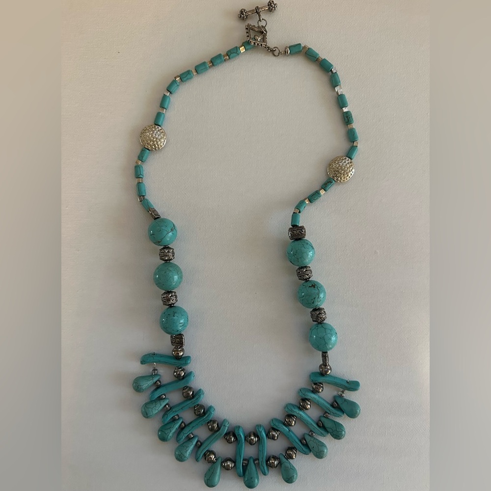Turquoise Howlite Statement Necklace Silver Tone 26" Boho